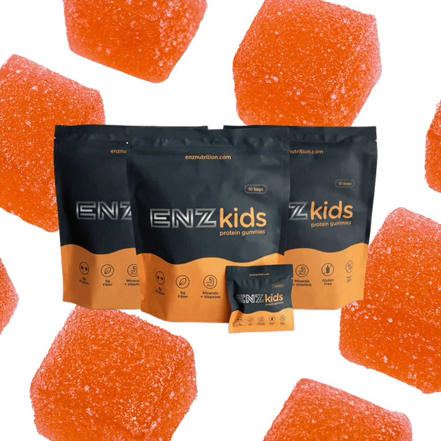 ENZ Kids protein gummies featuring collagen and whey protein blend, 8 grams protein per serving, no artificial ingredients, ages 4+