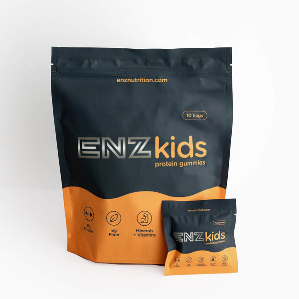 ENZ Kids protein gummies 10-bag pouch with single serving pack - 8g protein, 5g fiber, minerals and vitamins for children's nutrition