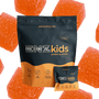 ENZ Kids protein gummies packaging showing 10 bags with 5g protein, 0g fiber, and 9 minerals plus vitamins, surrounded by orange gummy candies