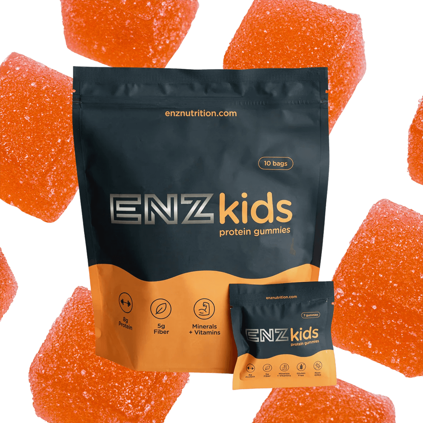 ENZ Kids protein gummies packaging showing 10 bags with 5g protein, 0g fiber, and 9 minerals plus vitamins, surrounded by orange gummy candies