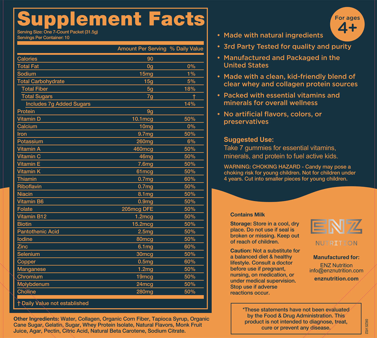 ENZ Kids supplement facts label showing 8g protein, 5g fiber, 21 vitamins and minerals, made with whey and collagen protein, no artificial ingredients, for ages 4+